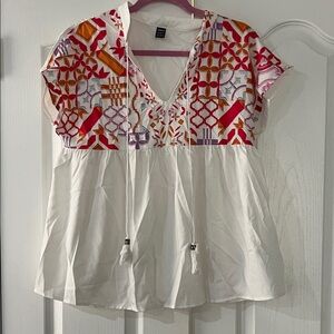 Maternity Embroidered V-Neck Peasant Top in White with Multicolor Accents